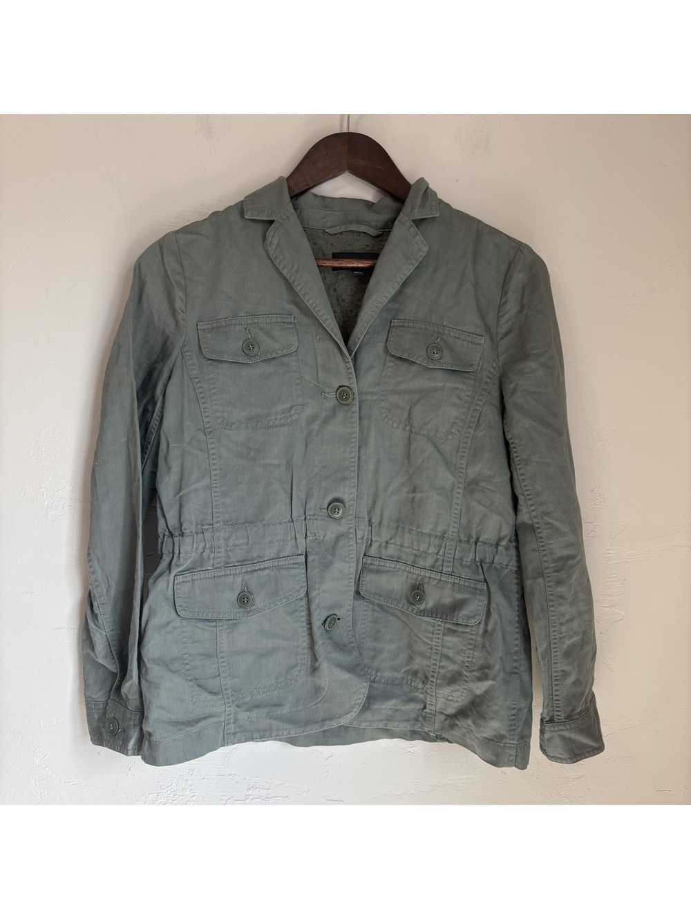 Talbots Olive Sage Green Cotton Linen Blend Military Safari Utility Jacket XS